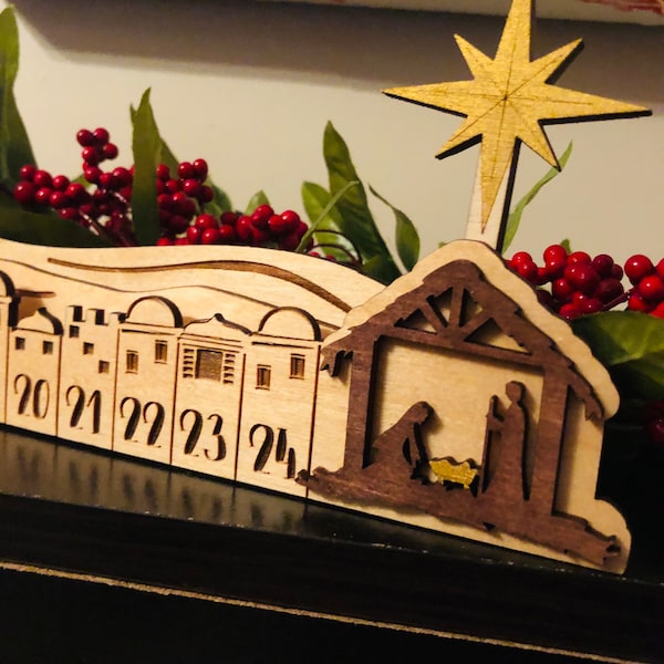 small Nativity advent calendar, Christmas advent wooden calendar, Wood Christmas Countdown, 12 inches