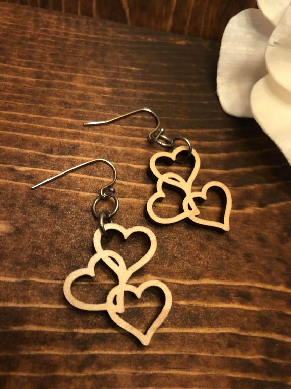 Wood Heart Valentines Day Earrings