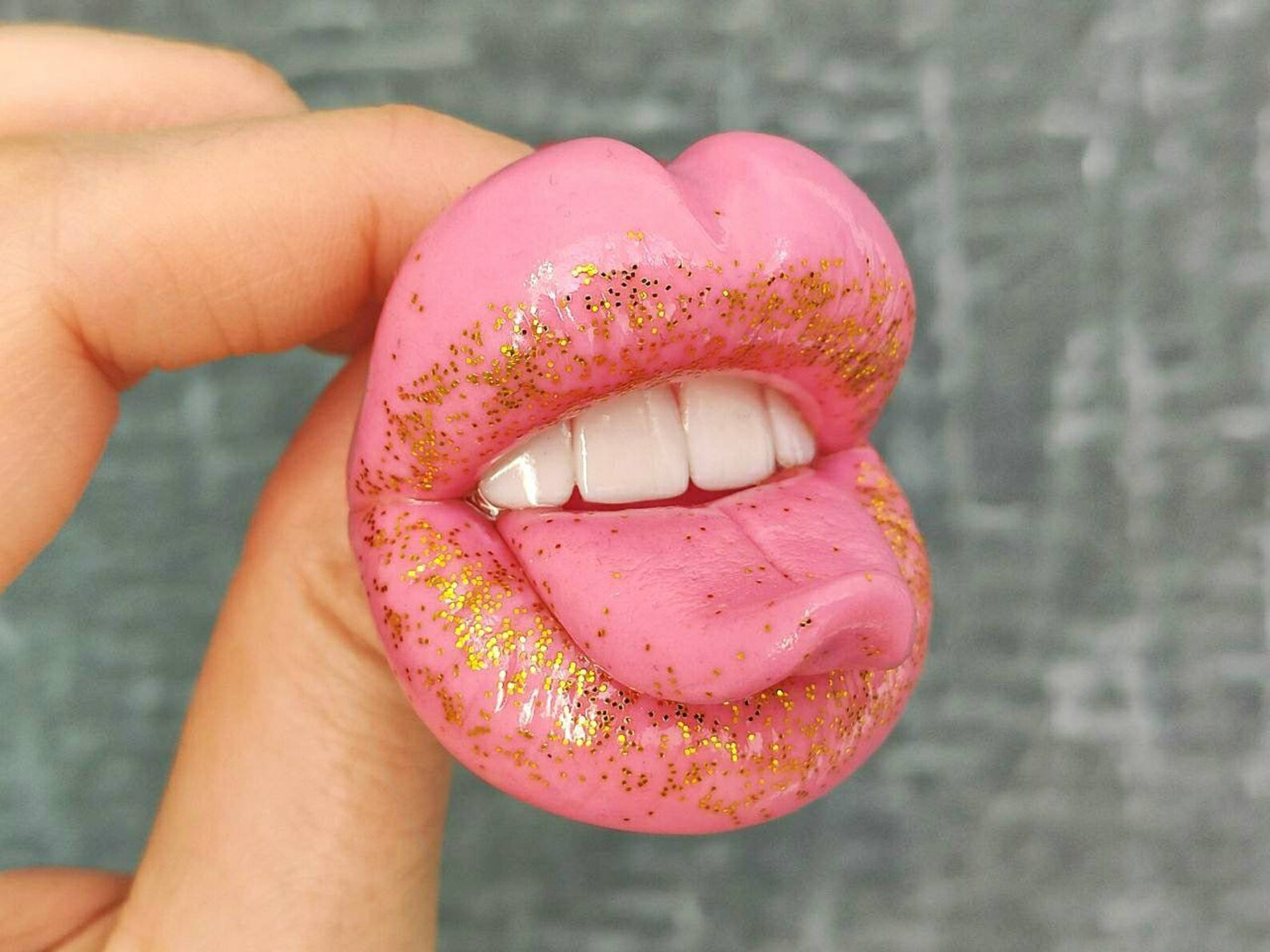 Pink puffed lips realistic mouth wet tongue brooch pin badge Etsy