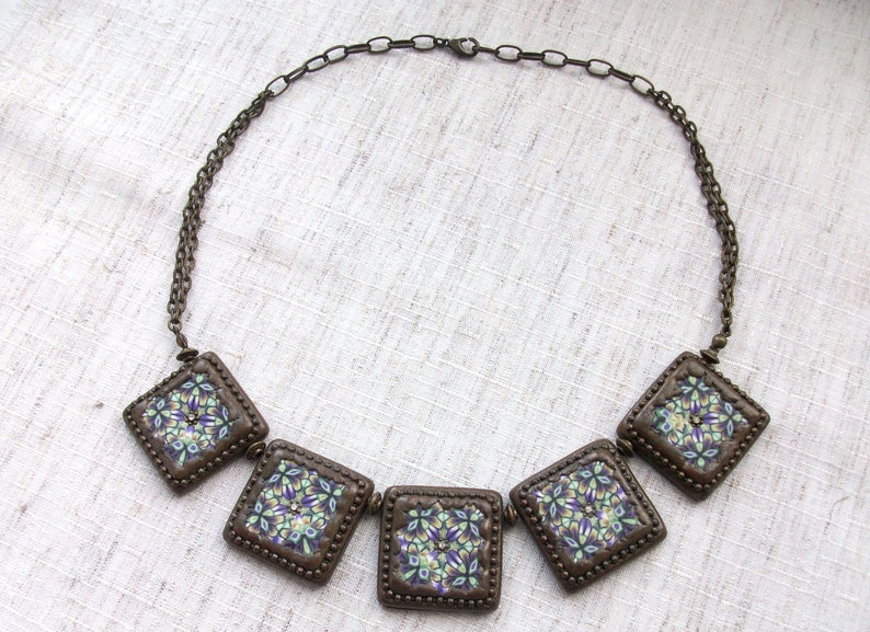 Vintage set Grandmother/'s gift Antique necklace/&earrings Bronze set Kaleidoscope