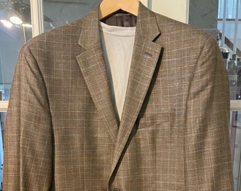 Ralph Lauren NWT Summer Weight Wool/Silk/Linen Blend Tan/Blue Plaid 2-Button Fully Lined Sports Coat Size 44R Item #280