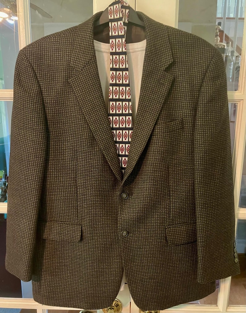 Vintage Andrew Fezza 100% Lambswool Men's 2-Button Brown and Black Fully Lined Sports Jacket Size 44S Item 308 image 1