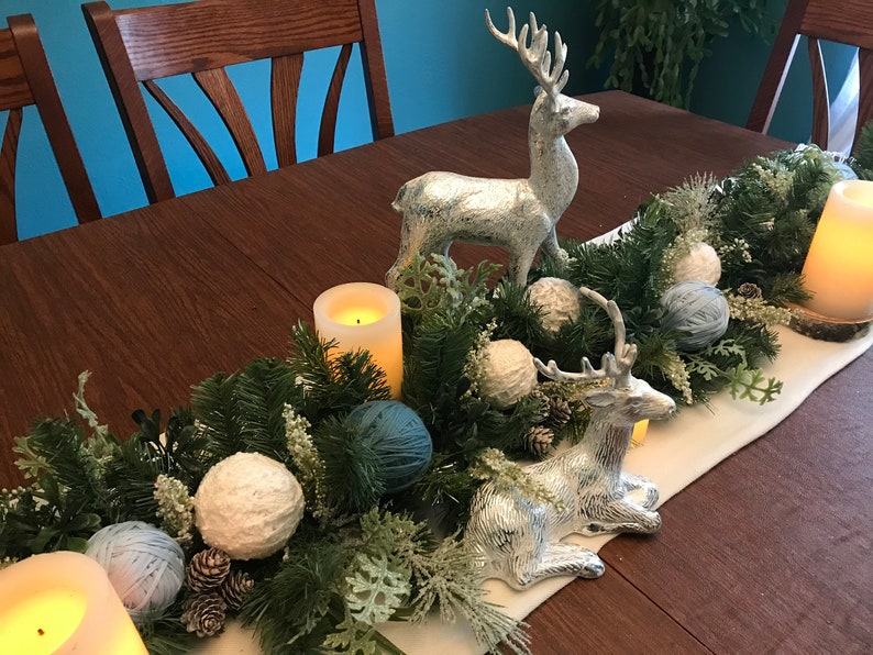 Handcrafted Farmhouse Winter Garland-Winter Table Garland-Hand Wrapped Ornament-Blue Evergreen Winter Garland-Faux Fireplace Garland-Lights