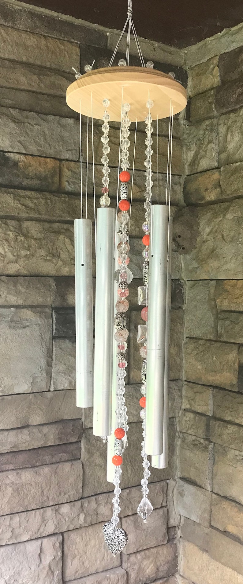 Coral Heart Beaded Wind Chime-Aluminum Coral Beaded Patio Decor-She Shed Decor-Coral Beads-Beaded Wind Chime-Silver Heart Wind Catcher