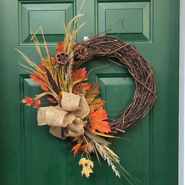 Autumn Deer Antler Grapevine Wreath-Deer Antler Wreath-Autumn Grapevine Wreath-Fall Front Door Wreath-Deer Antlers-Lotus Pods-Autumn Grasses