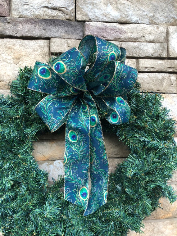 4 Large Teal Blue Peacock Wired Bows 6 Yards Teal Gold Etsy