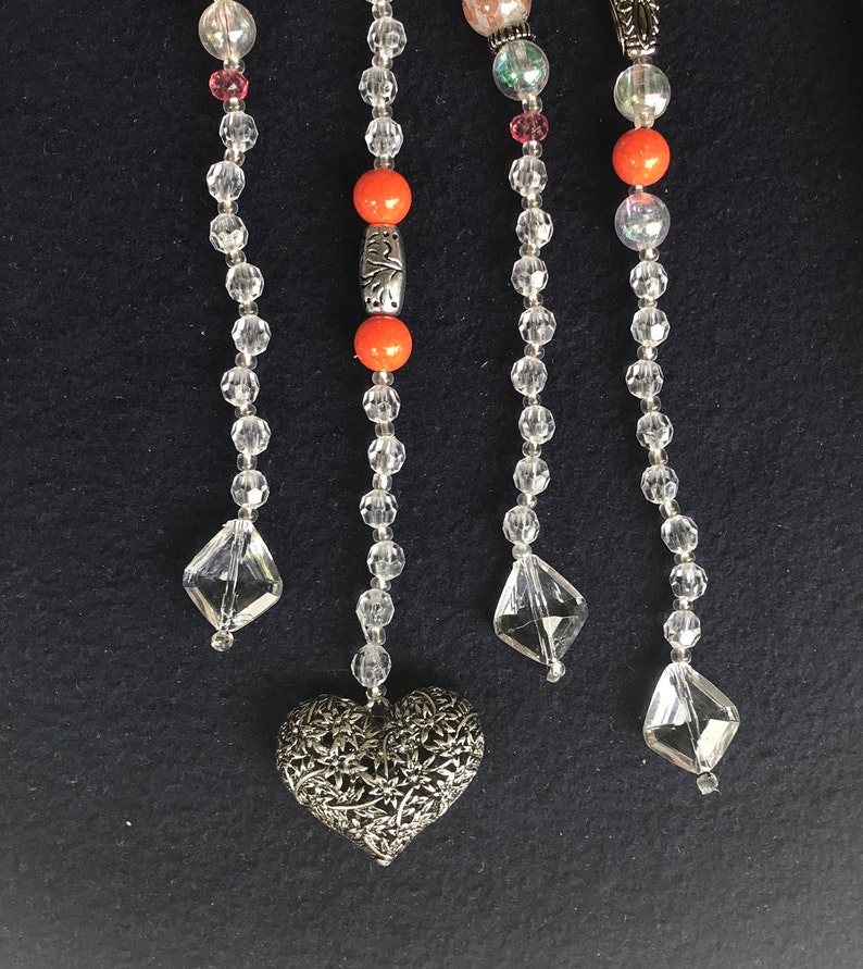 Coral Heart Beaded Wind Chime-Aluminum Coral Beaded Patio Decor-She Shed Decor-Coral Beads-Beaded Wind Chime-Silver Heart Wind Catcher