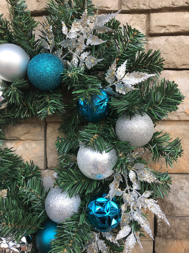 Sparkling Peacock Blue and Silver Christmas Door Wreath-Faux Evergreen Peacock Wreath-Peacock Silver Holiday Decor-Christmas Door Wreath