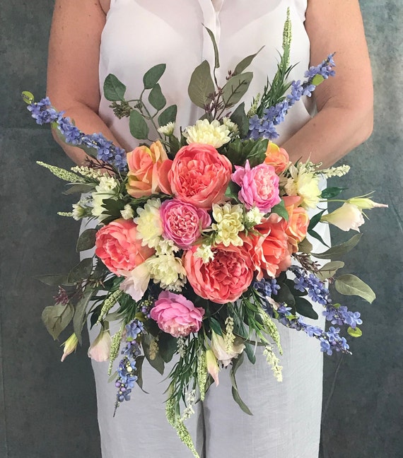Hors Concours Fleurs Colorées Bouquet De Mariée En Soie Chou Roses Renoncules Lisianthus Salvia Coral Reef Ice Blue Bégonia Rose Goyave Acier Bleu