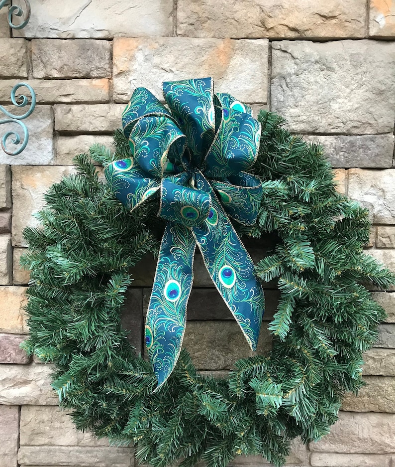 4 Large Teal Peacock Wired Bows 6 Yards Teal Gold Etsy