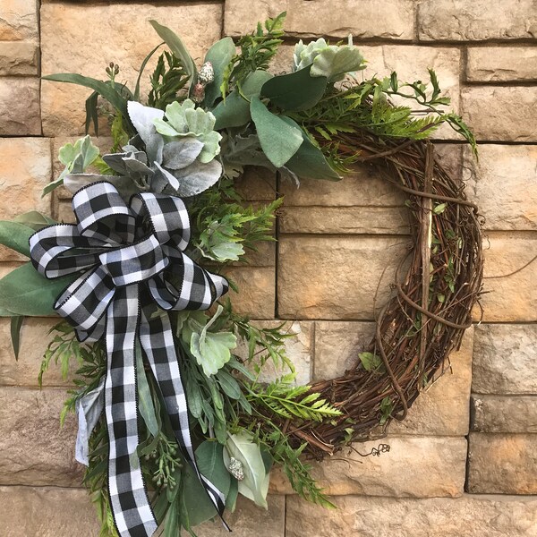 Black & White Check Farmhouse Grapevine Wreath-Year Round Farmhouse Wreath-Black White Check Bow-Farmhouse Decor-Farmhouse Front Door Wreath
