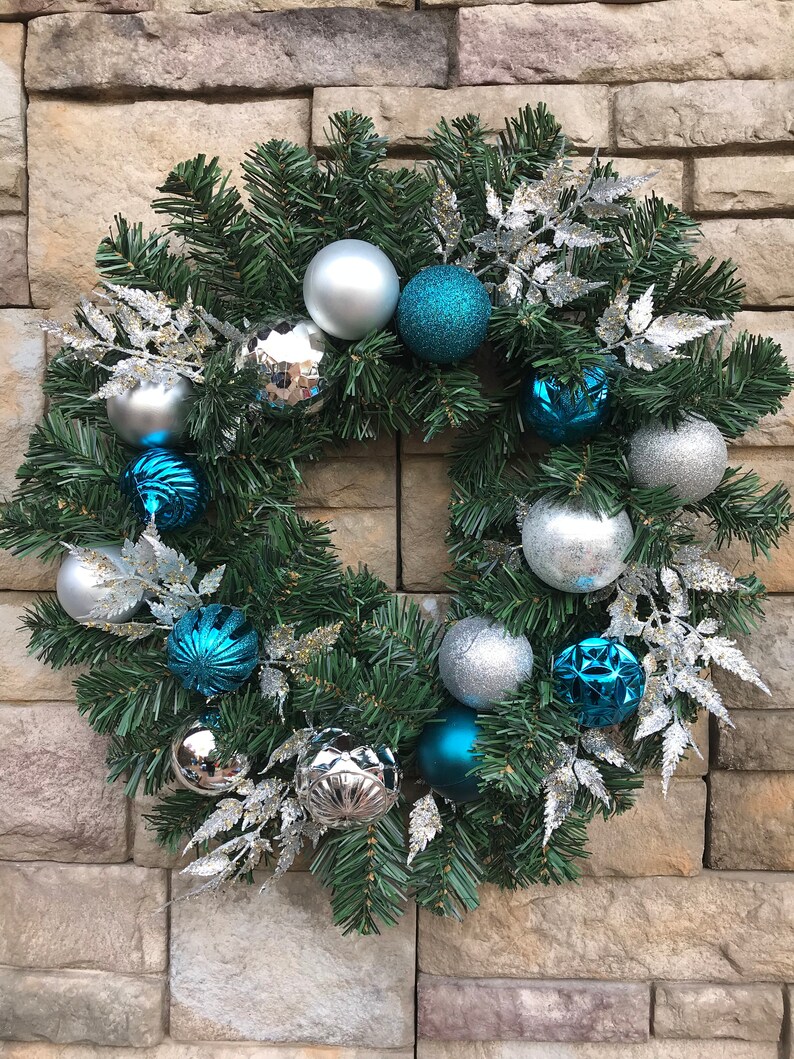 Sparkling Peacock Blue and Silver Christmas Door Wreath-Faux Evergreen Peacock Wreath-Peacock Silver Holiday Decor-Christmas Door Wreath