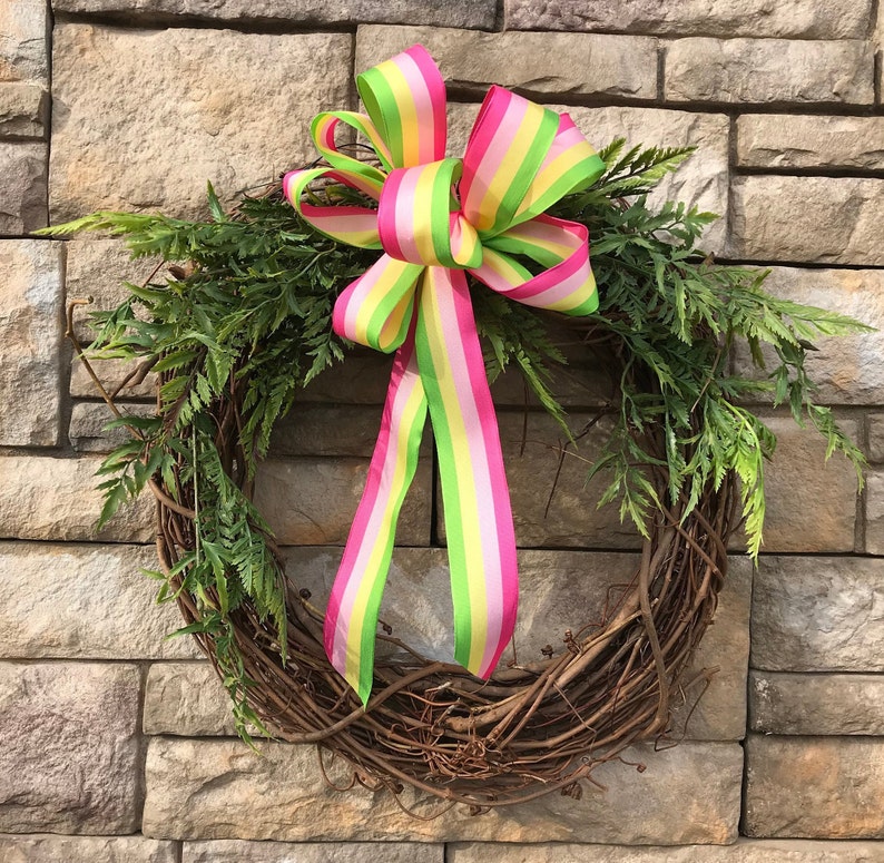 One Medium Spring Stripe Wired Bow Pink Green Yellow Striped Etsy