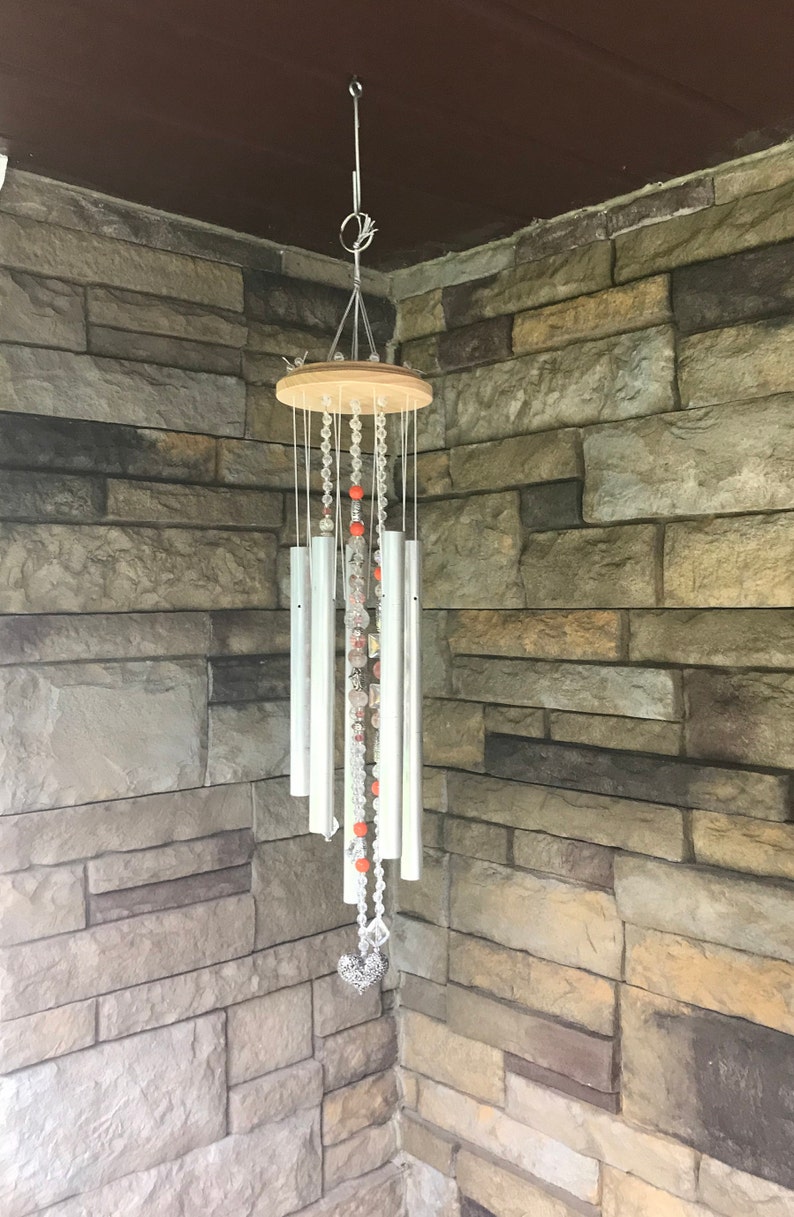 Coral Heart Beaded Wind Chime-Aluminum Coral Beaded Patio Decor-She Shed Decor-Coral Beads-Beaded Wind Chime-Silver Heart Wind Catcher