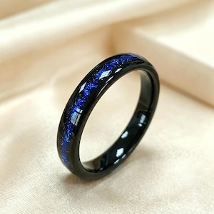 4 mm Blue Galaxy Tungsten Wedding Band, Slim Black Ring for Women, Minimalist Couple's Ring, Black Stacking Band, Unique Anniversary Gift
