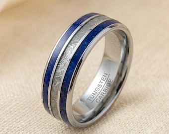 Anillo de tungsteno con lapislázuli azul y meteorito, alianza de boda personalizada grabada para hombre y mujer, anillo de ajuste cómodo de 8 mm, regalo de aniversario único.
