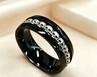 Black Tungsten Skull Ring for Men, Silver Skulls Band, Gothic Wedding Ring, Biker Jewelry, Unique Anniversary Gift for Him