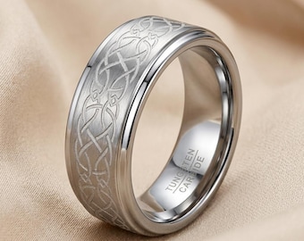 8mm Silver Celtic Knot Mens Tungsten Wedding Band, Unique Promise Ring for Him, Durable Norse Inspired Jewelry, Comfort Fit