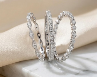 Vintage-Ehering-Set im Art-Deco-Stil mit Mikropavé-Fassung, stapelbar, 925er Silber, Ewigkeitsring mit drei Zirkonia-Reihen, Reisering, Jahrestagsgeschenk für Sie