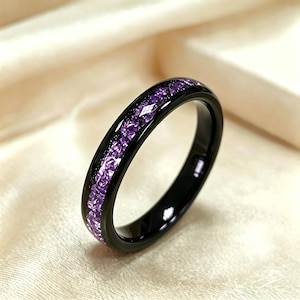 4 mm Purple Amethyst Tungsten Ring, Slim Black Wedding Band for Women, Minimalist Couple Ring, Stackable Ring, Personalized Anniversary Gift