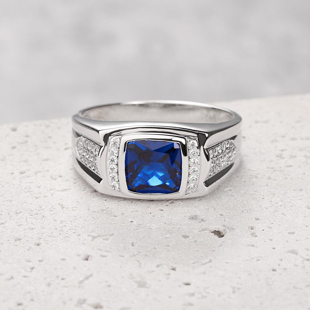 Men Blue Sapphire Ring, Solid 925 Sterling Silver Ring, Men's Signet ...