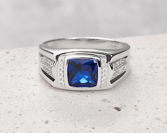 Anillo de zafiro azul para hombre, anillo de plata de ley 925 maciza, anillo de sello para hombre, anillo de bodas delicado, anillo de aniversario con piedras preciosas, anillo de compromiso
