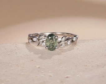 Anillo de compromiso de ágata musgosa de corte ovalado, anillo de bodas único de plata de ley 925, anillo de piedra preciosa de ágata musgosa, regalo de aniversario para ella