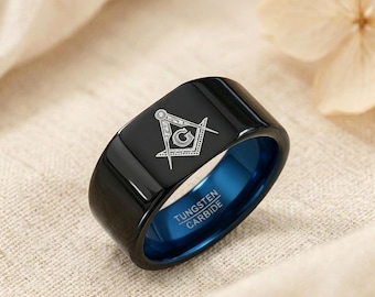 Anillo de sello masónico vintage para hombre, banda de tungsteno negra y azul, regalo de la fraternidad masónica, anillo llamativo, regalo para el esposo.