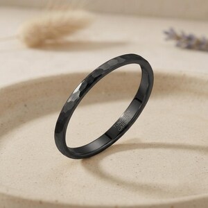 2mm Black Hammered Tungsten Ring, Thin Wedding Band for Men Women, Minimalist Dainty Stackable Ring, Unisex Promise Band, Comfort Fit