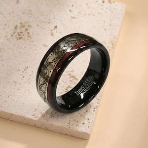Black Tungsten Carbide Ring, Triple Helix Inlay Red Guitar String, Steampunk Gear Wedding Band, Unique Anniversary Ring For Him