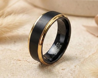 Schwarzer und goldener Wolfram-Ehering, 8 mm Herrenring, mattschwarze, gebürstete Oberfläche, dünner Goldstreifen, kratzfest, komfortable Passform
