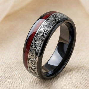 Red Guitar String & Celtic Spiral Tungsten Ring, 8 mm Black Wedding Band, Musician Anniversary Gift, Unique Mens Promise Band