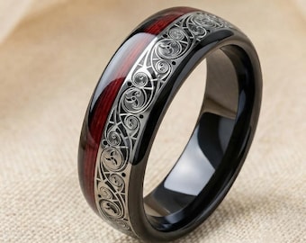 Anillo de tungsteno con cuerda de guitarra roja y espiral celta, alianza de boda negra de 8 mm, regalo de aniversario para músicos, alianza de promesa única para hombre.