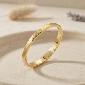 2mm Gold Hammered Tungsten Ring, Thin Wedding Band for Men Women, Minimalist Dainty Stackable Ring, Unisex Promise Band, Comfort Fit