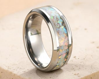 Crushed White Fire Opal Tungsten Ring, Personalized Engraved Wedding Band for Men Women, Comfort Fit Silver Ring, Unique Anniversary Gift