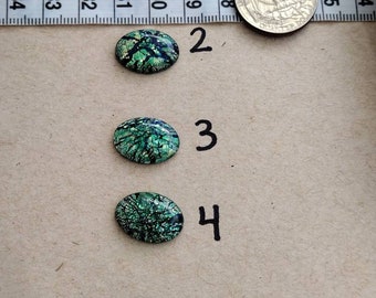 18 x 13mm Vintage Green, Silver, and Black Dragon's breath cabochons - Destash supplies Glass Faux Stone Green Fire Opal