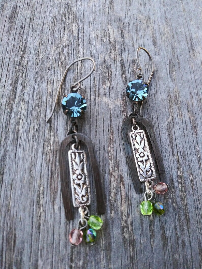Smoked Sapphire Crystal Rhinestone and Antique silver Pewter bar with Brass Arch and Tiny crystal Dangles Earrings Drop Earrings