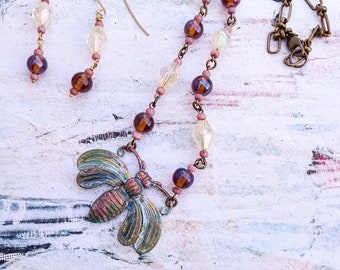 Hand Painted Brass Bee Necklace and earrings set, Art Nouveau Style Pendant, Gorgeous Vintage Glass Beads, 21 Inch