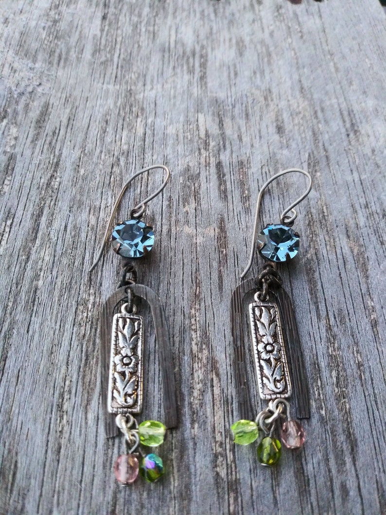 Smoked Sapphire Crystal Rhinestone and Antique silver Pewter bar with Brass Arch and Tiny crystal Dangles Earrings Drop Earrings