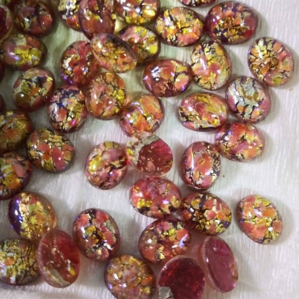 Vintage Faux Ruby Fire Opal Foil Art Glass Cabochons, Gorgeous Faux Stones, 8 x 10mm Flat back Cab, Colorful, Mesmerizing Quality Glass