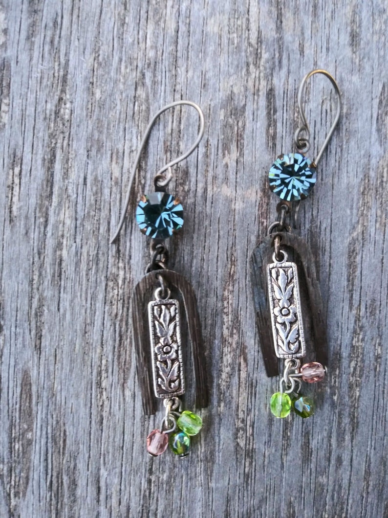 Smoked Sapphire Crystal Rhinestone and Antique silver Pewter bar with Brass Arch and Tiny crystal Dangles Earrings Drop Earrings