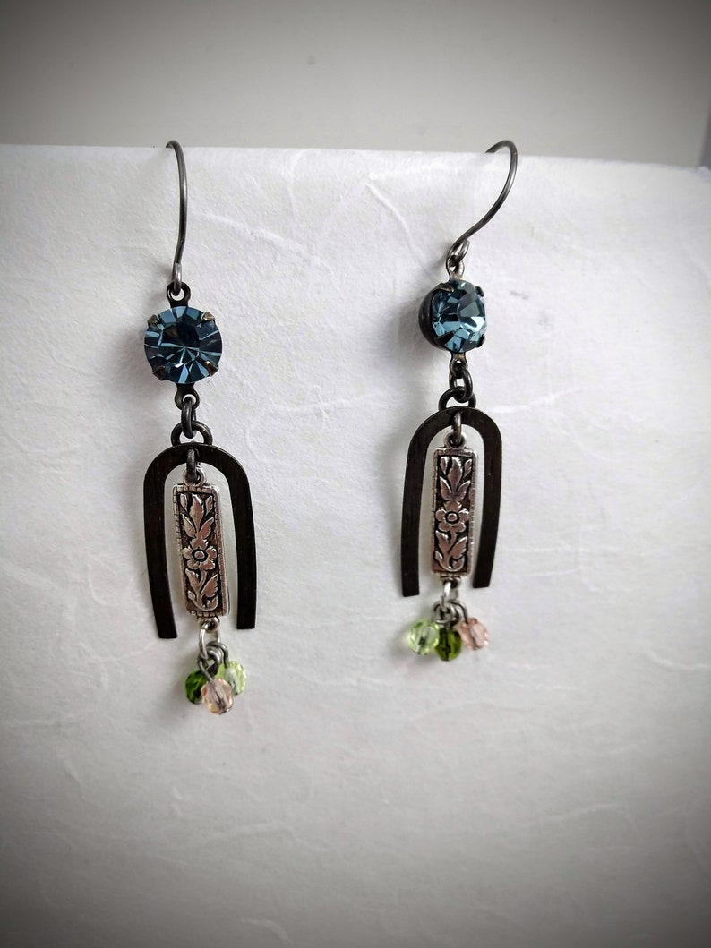 Smoked Sapphire Crystal Rhinestone and Antique silver Pewter bar with Brass Arch and Tiny crystal Dangles Earrings Drop Earrings
