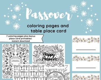 Passover Coloring Pages Jewish Holiday Activity with Matzoh, Plagues, Wine Cups, and Frogs, Passover Table Place Cards to Print at home