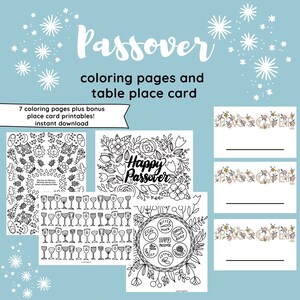May include: Black and white printable colouring pages featuring Passover themes. The pages include a Seder plate, wine glasses, and a floral design with the text "Happy Passover".