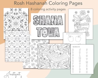 Rosh Hashanah Coloring Book, Shana Tova, 8 Printable Coloring Pages PDF, Instant Download ll Jewish Holidays 2023 set