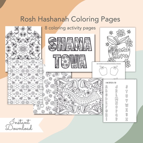 Rosh Hashanah Coloring Book, Shana Tova, 8 Printable Coloring Pages PDF, Instant Download ll Jewish Holidays 2023 set