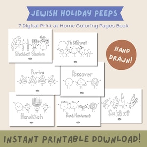 Puede incluir: Siete páginas para colorear digitales con temas de festividades judías, incluyendo Shabbat Shalom, Purim y Janucá. Cada página presenta ilustraciones caprichosas y nombres de festividades. El texto "JEWISH HOLIDAY PEEPS" y "INSTANT PRINTABLE DOWNLOAD!" también está presente.