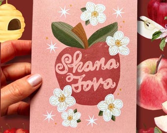 Shana Tova Rosh Hashanah Card, Apple and Flowers Jewish New Year Greeting Card, Jewish Holiday Cards, Jewish Card for family and friends