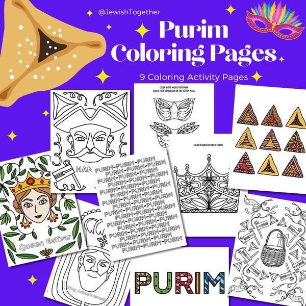 Purim Activity for Jewish Holiday Party for Purim Characters Haman, Queen Esther Mask, Crown for Purim Hamantaschen Mishloach Manot Gift Tag