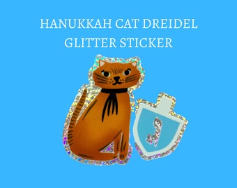 Hanukkah Gift for Jewish Friend who Loves Cat Sticker with Dreidel for Chanukkah Gift with Sparkly Glitter Sticker for Water Bottle